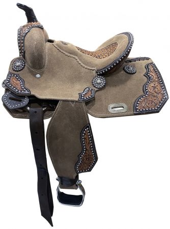 13" DOUBLE T Rough Out Barrel style saddle with Cheetah Printed Inlay